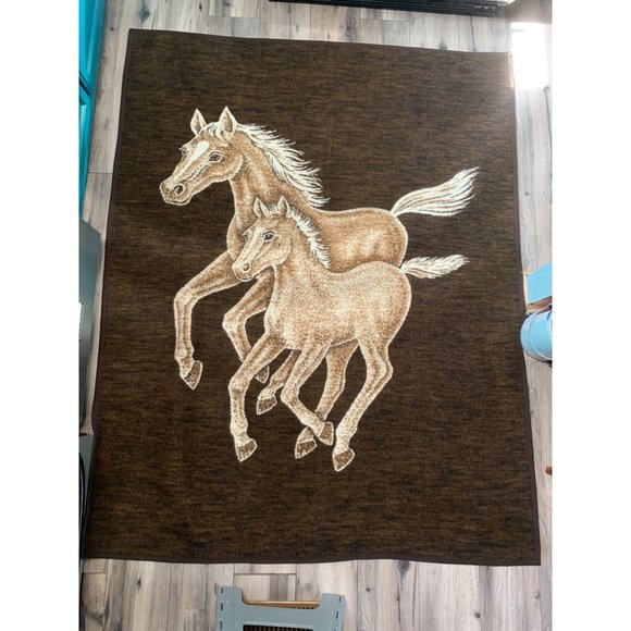 Vintage Biederlack Blanket Mare and Foal FLAWS Tag Removed 60x 78" Reversible Br - Picture 4 of 9